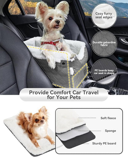 PETSFIT Center Console Dog Car Seat with Adjustable Seat-Rail Anchor Hooks | Anti-Collapse Armrest Booster Car Seat with Safety Tether, Washable Cushion, Soft Pillow for Pets Under 8 lbs, Grey