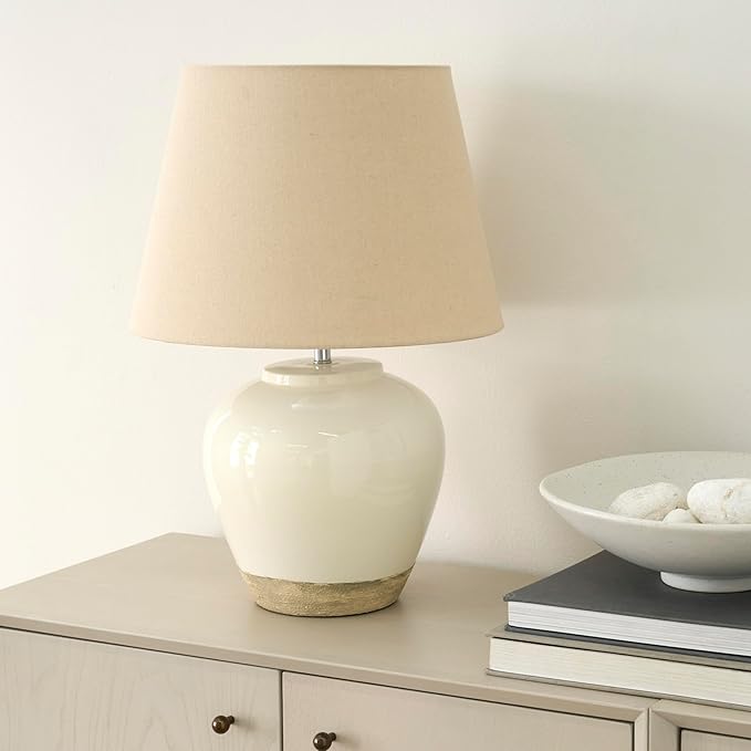 Nourison Home 20" White/Sand Farmhouse Ceramic Pot Table Lamp for Bedroom, Living Room, Console, Entryway