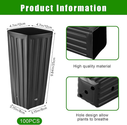 Nuenen 100 Pcs Tall Pot Plastic Deep Plant Nursery Pots Black Seedling Flower Plant Container with Drainage Holes for Indoor Outdoor Gardening (9.8" H X 4.7" W)
