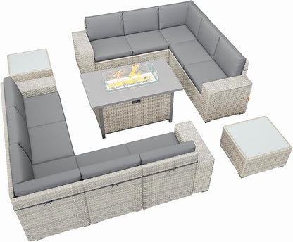 Broivira 13 Piece Patio Furniture Set with 50,000 BTU Rattan Fire Pit Table That Converts to Coffee Table, 9.8" Wide Arm Sectional Sofa with Storage Armrests, Outdoor Rattan Conversation Set, Grey