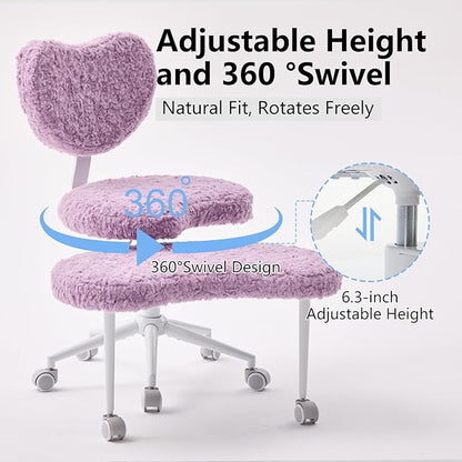 Cross Legged Office Chair with Wheels–360°Swivel Meditation Chair, Adjustable Height Yoga Office Chair for Adults, Ergonomic Kneeling Chair with Back Support for ADHD, Faux Fur, Violet