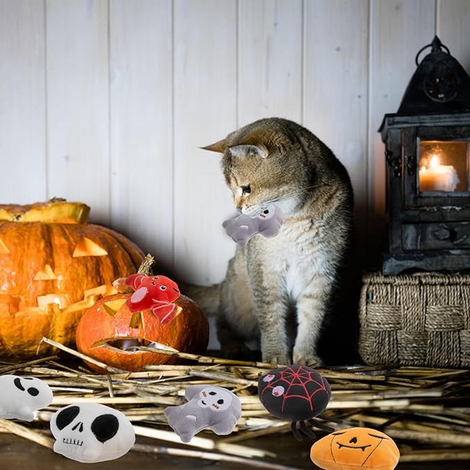 6pcs Halloween Catnip Toy，Indoor Pumpkin Ghost Shaped Cat Toy Plush Interactive Chew Bite Toys for Cat Kitten Indoor Festive Holiday Cat Lover Gift