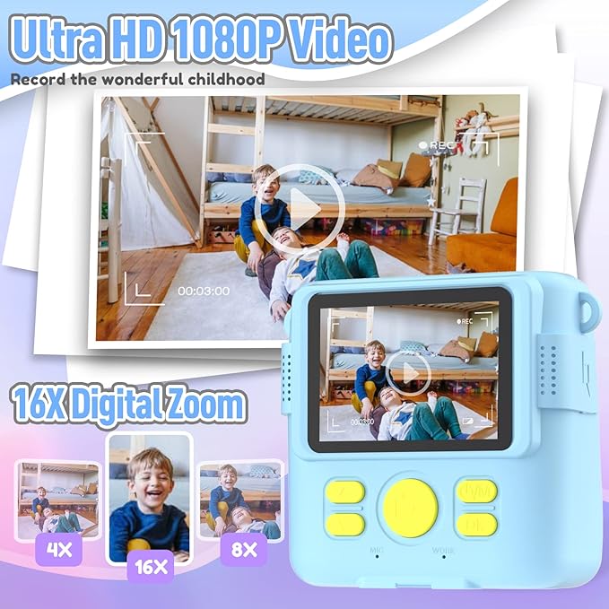 Kids Camera Instant Print, Christmas Birthday Gifts for Kids Age 3-12, Selfie Digital Camera with 1080P Videos,Toddler Portable Travel Cameras Toy for 4 5 6 7 8 9 Year Old Boys Girls-Blue