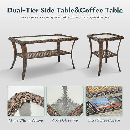 5 Pieces Wicker Patio Furniture Set - Hollow Widen Armrests Outdoor Swivel Glider Chairs and 3 Seat Sofa with Coffee Table & Side Table for Balcony Porch Deck and Yard - Brown/Beige