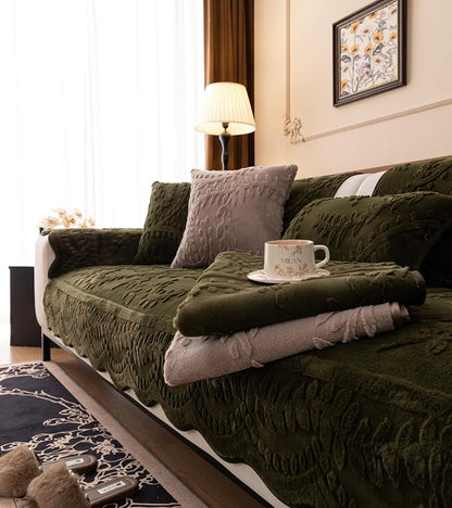 Green Fuzzy Rabbit Plush Sofa Cover Cozy Warm Sofa Couch Covers with 3D Jacquard Leaf Pattern Non-Slip Easy-to-Install Shaggy Sofa Slipcover Prefect for Kids Dogs Cats Cats(Green,36"x102")
