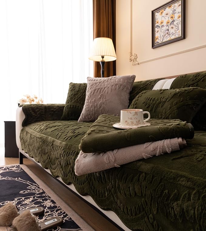 Green Fuzzy Rabbit Plush Sofa Cover Cozy Warm Sofa Couch Covers with 3D Jacquard Leaf Pattern Non-Slip Easy-to-Install Shaggy Sofa Slipcover Prefect for Kids Dogs Cats Cats(Green,36"x63")