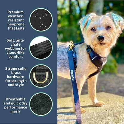 Adventure Dog Harness - Stylish and Comfortable Medium Dog Harness for Outdoor Adventures and Everyday Wear - Black Neoprene Adjustable Harness for Dogs with Reflective Piping and Brass D-Ring