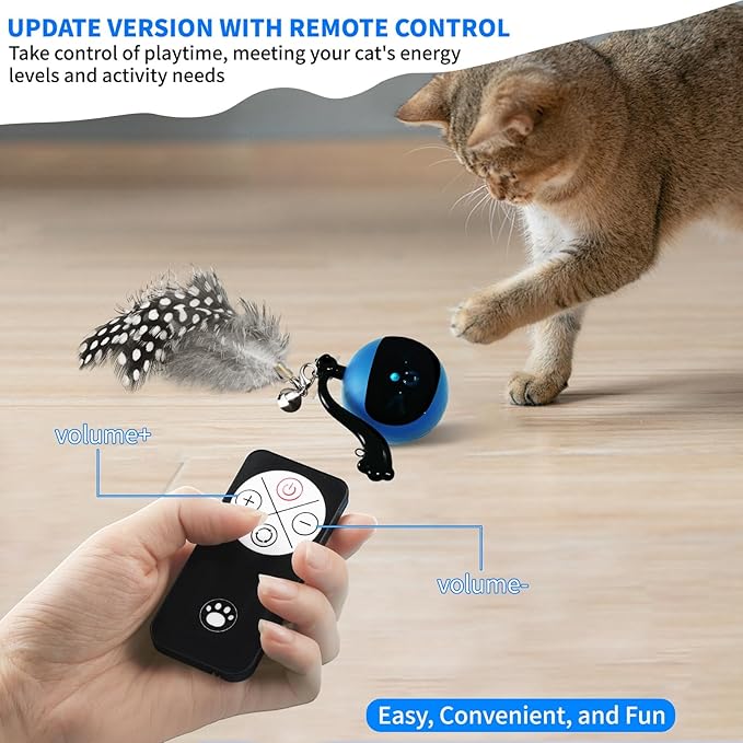 Interactive Cat Toy Ball with Remote Control, Automatic Moving & Rolling Cat Feather Toy, USB Rechargeable, Motion Activated Remote Control Cat Toy for Indoor Cats (Blue)
