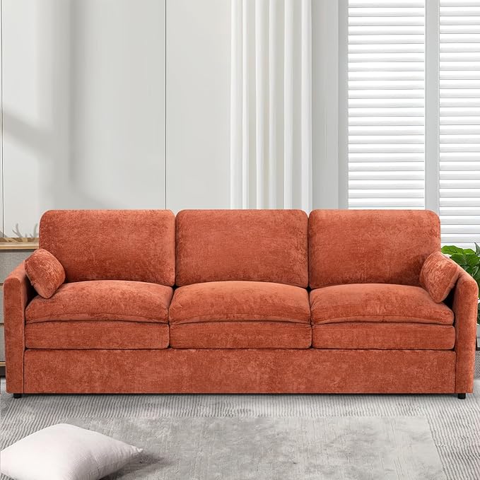 89" Chenille 3 Seats Sofa with 2 Pillows, Modern Upholstered Sofa with Deeper Seats, Comfy Sofa with Thickened Cushions for Living Room, Apartment, Orange