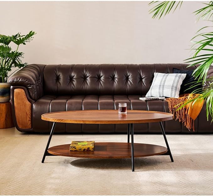 AGV Oval Coffee Table with Shelf Storage, 2-Tier Walnut Wood Finish Center Table for Living Room, Modern Asymmetrical Metal Legs, Raised Edge Sofa Table