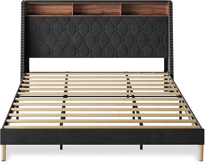 WLIVE King Size Upholstered Bed Frame with Storage Headboard, Velvet Square Tufted Platform Bed with Charging Station, Sturdy Metal & Wooden Slats Support, No Box Spring Needed, Black