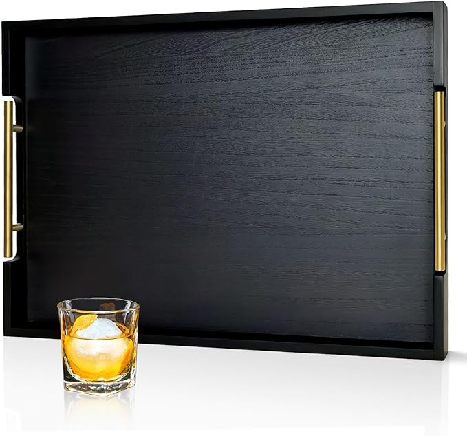 22 Inch Rectangle Black Ottoman Tray with Gold Metal Handles, Extra Large Wooden Serving Tray for Living Room, Coffee Table, Kitchen & Hosting