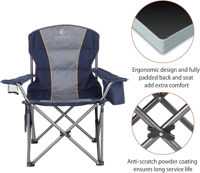 ALPHA CAMP Oversized Folding Camping Chair, Heavy Duty Portable Lawn Chairs with Cooler Bag, Side Pocket & Cup Holder, Folding Chairs for Outside Support 450 LBS
