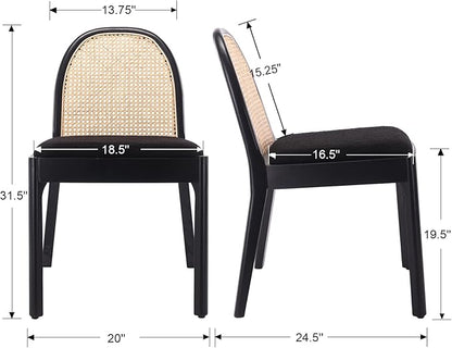 DUOMAY Mid-Century Modern Rattan Dining Chairs Set of 8, Wooden Dining Room Chair with Cane Backrest and Padded Seat, Black Sherpa Upholstered Dining Chair, Black Finish