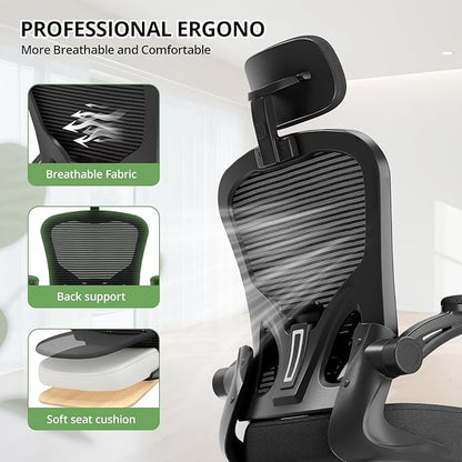 Office Chair Ergonomic Desk Chair, 330LBS Capacity, High Back Computer Chair for Long Hours Comfortable, Rolling Swivel Executive Task Chair for Home Office with Flip-up Armrests, Black