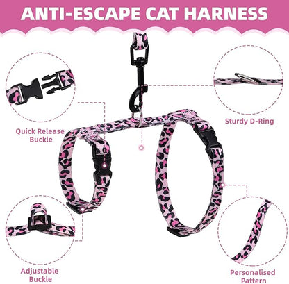 PAWCHIE Cat Harness and Leash Set, Cats Escape Proof-Adjustable Kitten Harness Lightweight Soft Outdoor Walking Travel Pet Safe Harness, Puppy Harness for Girl Cats Bunny Rabbit Small Dog, Pink S