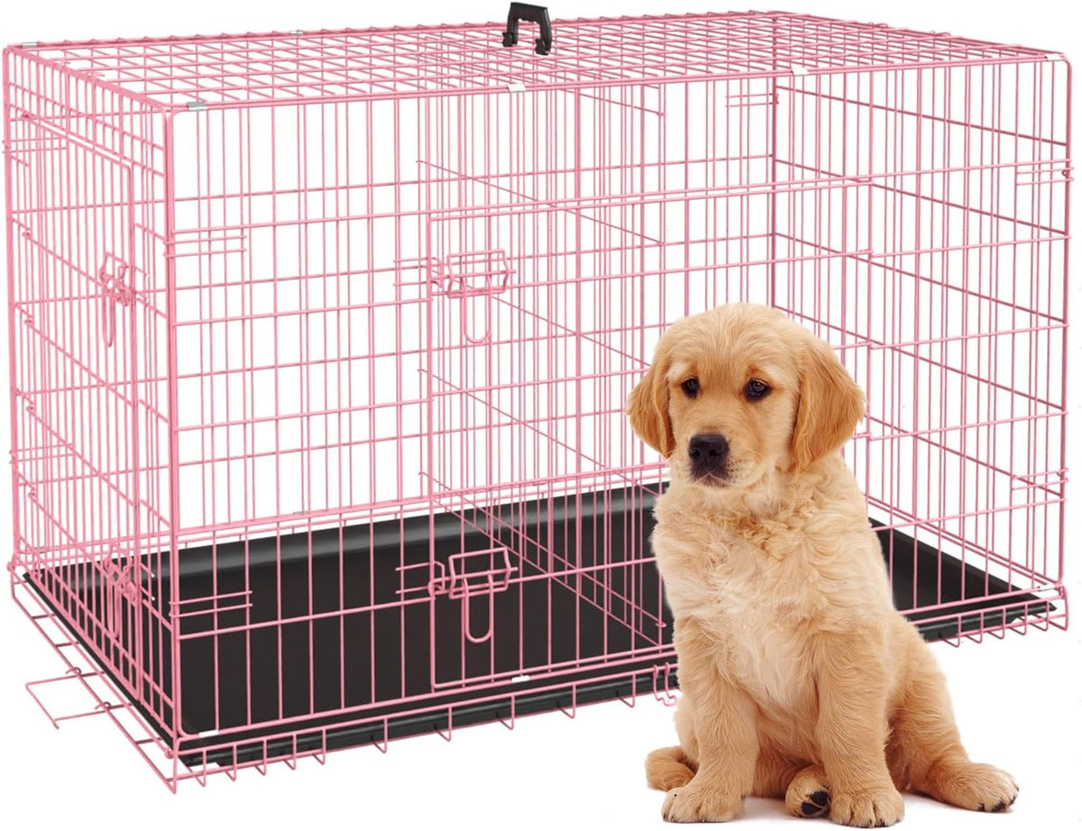 BestPet | Dog Crate | 24" | Pink | Foldable Metal Kennel with Double Doors, Secure Slide-Bolt Latches, Leakproof Tray | Portable Dog Cage for Small Breeds | for Travel, Indoor & Outdoor Use