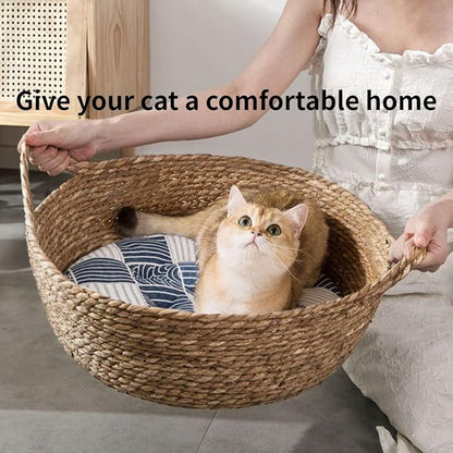 Cat Bed, Straw Woven Cat Baskets Bed, Round Wicker Cat Basket Nest, Non-Slip Cozy Kitten Bed for Cats Small Dog (Only Nest,Small)