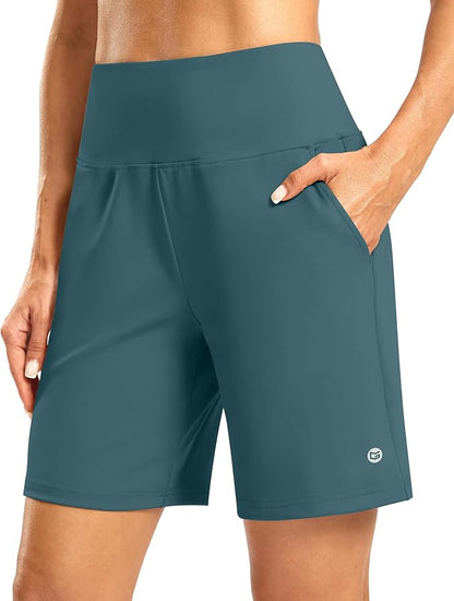 Women's Athletic Shorts with Zipper Pocket 7" High Waisted Stretchy Bermuda Shorts for Women Workout Running Casual