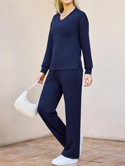 difficort Women's 2 Piece Lounge Sets Casual Travel Airport Outfits Side Slit V-Neck Tops & Wide Leg Pants Matching Set
