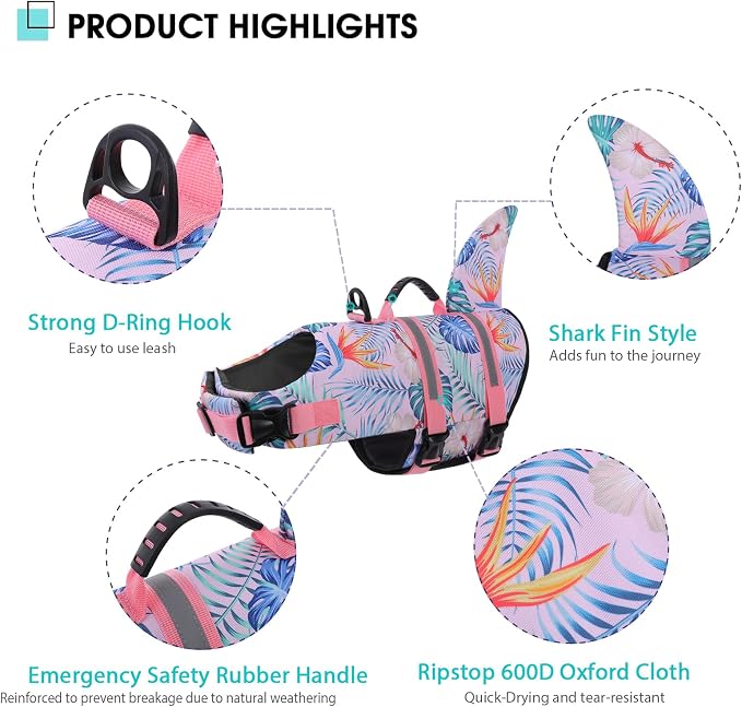 Shark Dog Life Vest for Swimming, Pet Life Vests for Boating, High Buoyant DogLife Jacket, Ripstop High Flotation Swimsui for Small, Medium, Large Dogs (HawaiiPink,XXL)