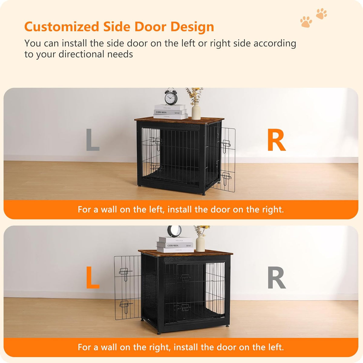 DWANTON Dog Crate Furniture with Cushion, Wooden Kennel Table with Double Doors, Indoor Dog House, Small/Medium/Large Size, 27.2" L, Black+Rustic Brown