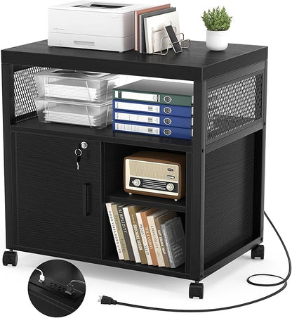 Unikito Lateral File Cabinet, Locking Office Filing Cabinets with Socket and USB Charging Port, Modern Rolling Printer Stand with Storage for A4, Letter Size and File Folders, Black