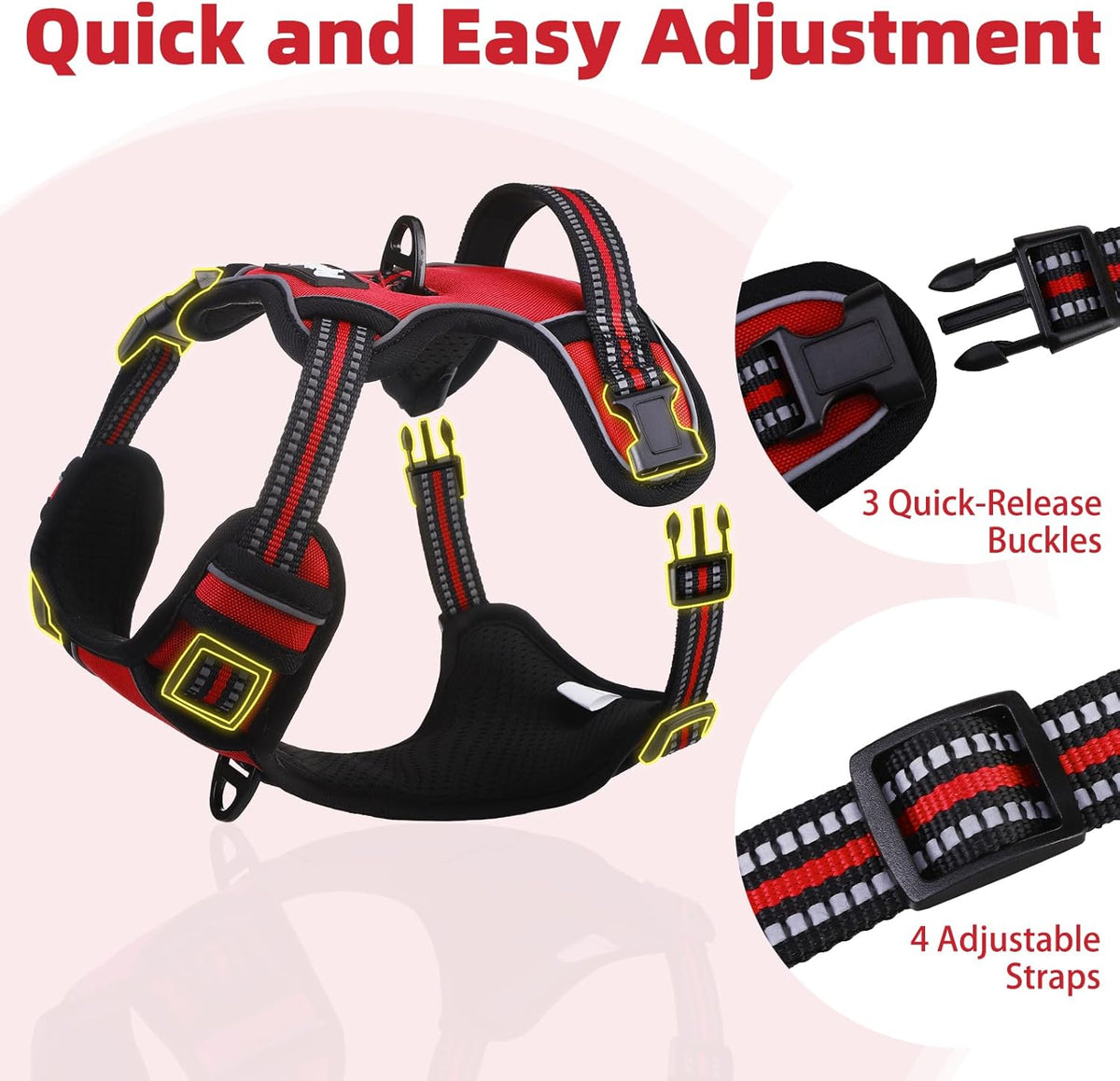 PUPTECK No Pull Dog Harness for Large, Adjustable Reflective Dog Harness with Handle Easy Control, Comfortable Soft Padded Pet Vest Harness for Large Dogs, Red L