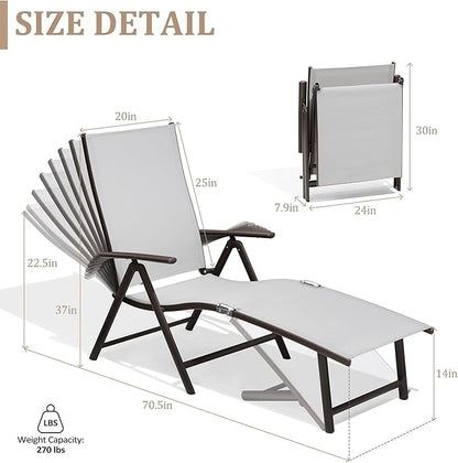 VredHom 2PCS Patio Chaise Lounge Outdoor Adjustable Folding Lounge Chair Recliner with 8 Adjustable Backrest Positions for Pool Beach Yard, Light Grey Textliene & Brown Aluminum Frame