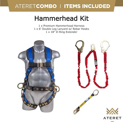 Fall Protection Hammerhead Kit I 5pt Safety Harness, 6' Double Leg Lanyard, 18" D-Ring Extender (Blue - XLG)
