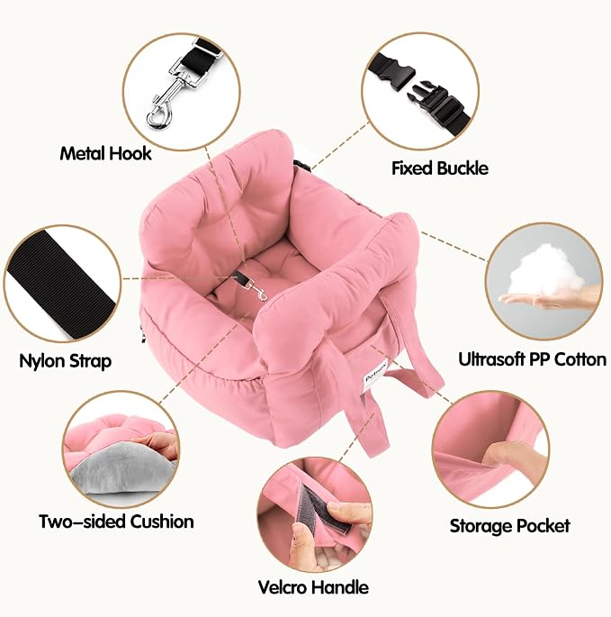 Dog Car Seat for Small Dogs, Portable Puppy Car Seat of Easy Installation, Fashionable Pet Carrier Bag with Large Pockets, Machine Washable Dog Booster Seat (Pink)