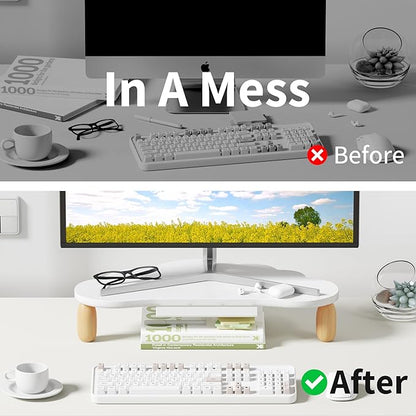 AFOOYO Cloud-Shaped Sturdy Wood Computer Monitor Stand Riser With Drawer, Multi-Purpose Desktop Organizer