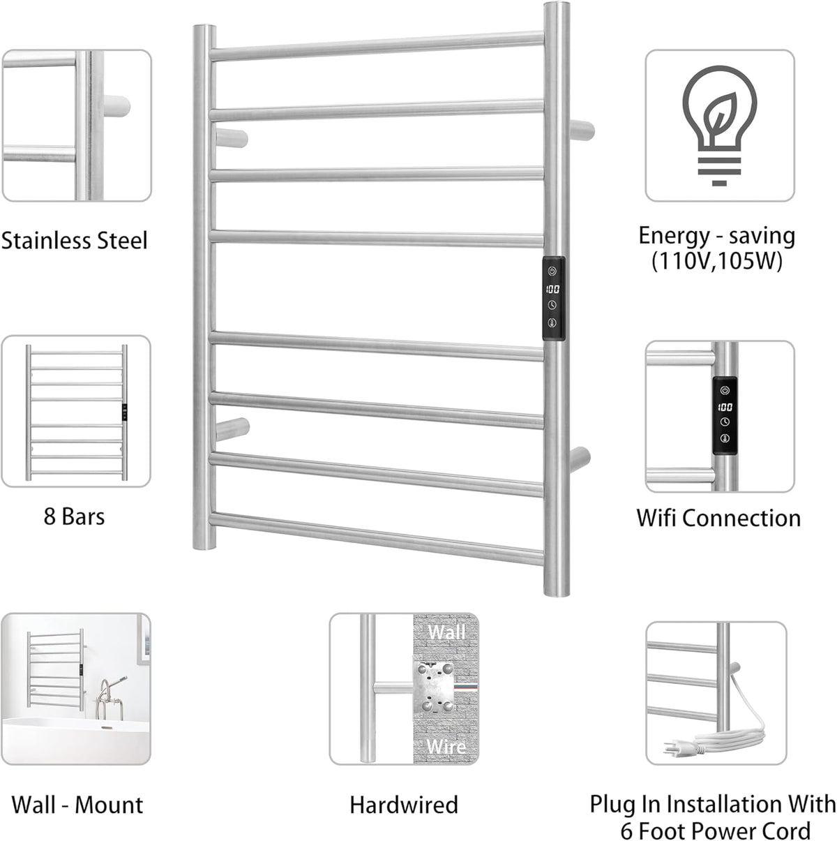 KEG Smart WiFi Towel Warmer Wall Mounted with Built-in Timer and Temperature Adjust Control, 8 Bars Electric Stainless Steel Heated Towel Racks for Bathroom Brushed Nickel