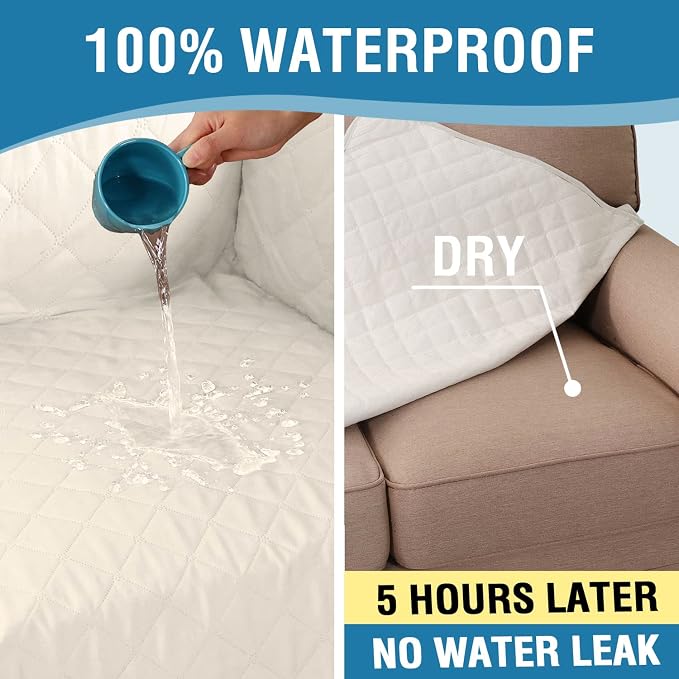 H.VERSAILTEX Couch Slip Cover, Loveseat Covers for 2 Cushion Couch, Dog Sofa Protector, Furniture Covers for Pets, 100% Waterproof Cover with Non-Skid Backing & Elastic Straps(Loveseat, Coconut Milk)