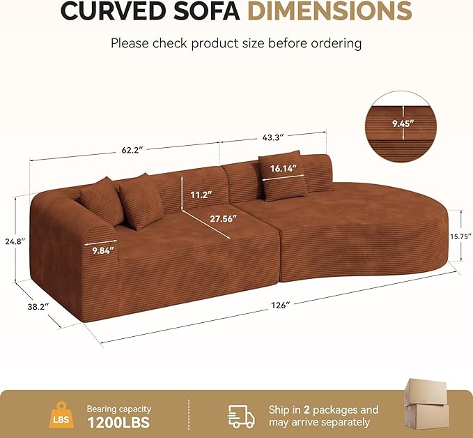 128" Oversized Modern Curved Sofa,Boneless Cloud Sectional Couch with Deep Seat,No Assembly Required Corduroy Couches for Living Room,Reddish Brown,1 PCS