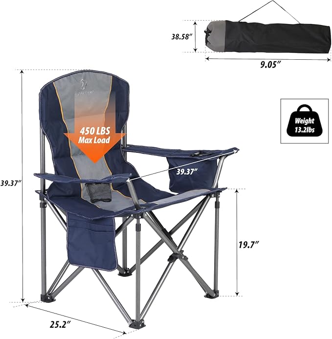 ALPHA CAMP Oversized Folding Camping Chair, Heavy Duty Portable Lawn Chairs with Cooler Bag, Side Pocket & Cup Holder, Folding Chairs for Outside Support 450 LBS