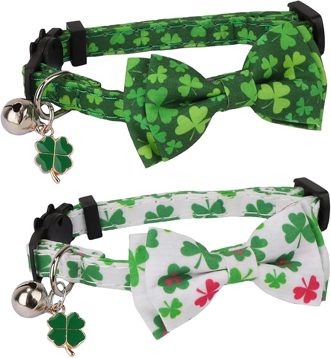 ADOGGYGO St. Patrick's Day Cat Collars with Bow Bell, Green Shamrock Pattern Kitten Collar with Removable Bowtie, Pet St Patricks Collars for Cats Kittens (St. Patrick's Day)