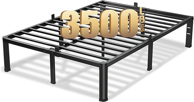 16 Inch Queen Bed Frame, 3500Lbs Heavy Duty Metal Platform with Round Corner Legs Mattress Slide Stopper, Steel Slat Support No Box Spring Needed, Noise Free, Non-Slip, Easy Assembly