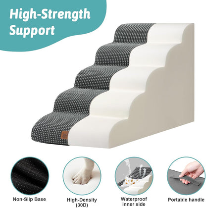 Extra Wide Dog Stairs 19.7" Width, Large Pet Step for Small Medium Dog, Puppy or Cat, Ramp for High Bed or Car, High Density Foam Ladder, Stable, 5 Step, 19.7x33x22.4 in, Dark Grey