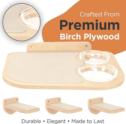 INICIO Cat Wall Shelves – Dog Proof Feeding Station with Wall Mounted Shelves, Durable 3 Step Birch Floating Shelf for Cats Up to 15lbs, Attached Cat Food Bowl for Convenient Feeding – Wood Brown