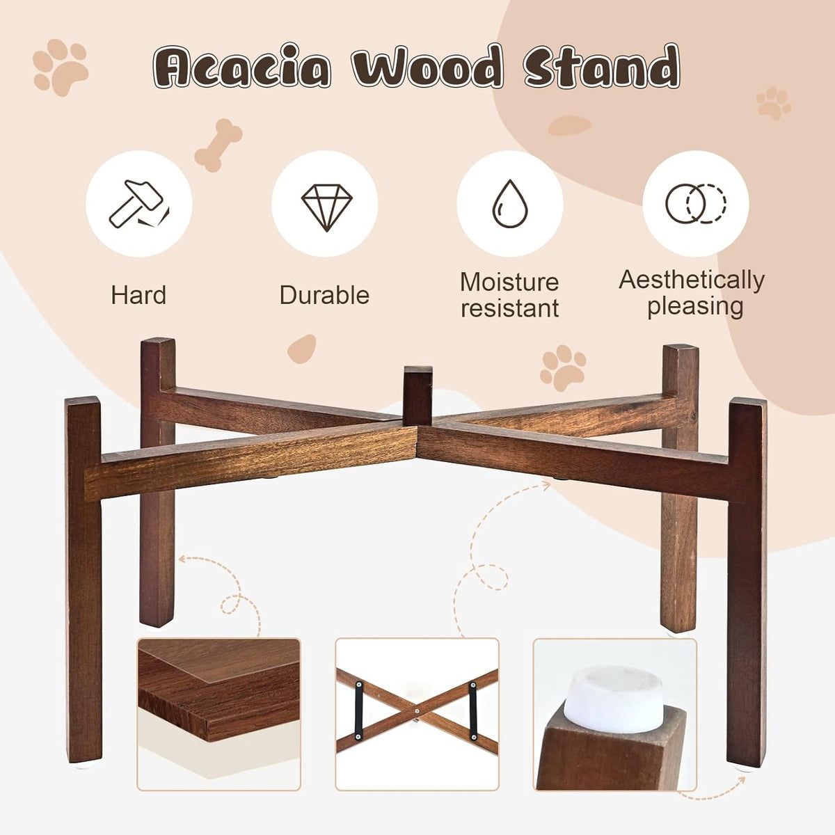 SPUNKYJUNKY Ceramic Elevated Dog Bowl Set with Acacia Wood Stand for Food and Water for Large Dogs (60.87 OZ, Black, Dog Paw Pattern)