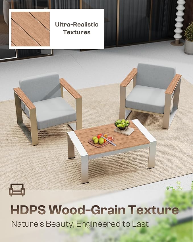 ComfCove Aluminum Outdoor Furniture Set, 4 Seats Outdoor Patio Conversation Sets with Ergonomic Seat and Wide Washable Thick Cushions, Modern Patio Sectional Furniture for Balcony, Porch (Teak-Gray)
