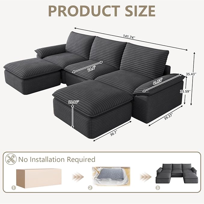 111" Cloud Sectional Couch with U-Shaped Chaise, Corduroy Sectional Sofa with Ottoman, Boneless Couch with Deep Seat in a Box for Living Room, No Assembly Required (Dark Grey)