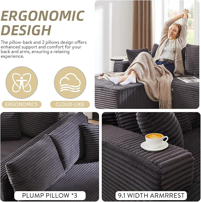 104 Inch Cloud Sectional Couch with L-Shape Chaise,Modern Upholstered Couches with Deep Seat,Corduroy Sponge Compressed Sofa for Living Room,No Assembly Required (Dark Grey)