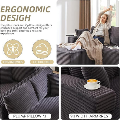 104 Inch Cloud Sectional Couch with L-Shape Chaise,Modern Upholstered Couches with Deep Seat,Corduroy Sponge Compressed Sofa for Living Room,No Assembly Required (Dark Grey)
