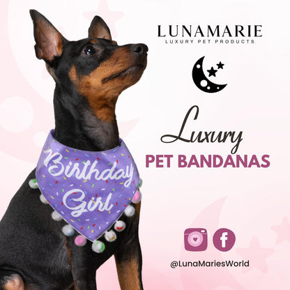 LunaMarie - Luxury Pet Birthday Bandanas -Premium & Silky Poly Fabric | 100% Handmade | Custom Shape Dual Layered (Birthday Girl Purple, Medium)