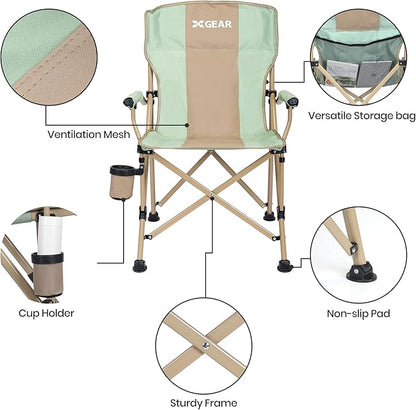 XGEAR Camping Chair Hard Arm High Back Lawn Chair Heavy Duty with Cup Holder, for Camp, Fishing, Hiking, Outdoor, Carry Bag Included
