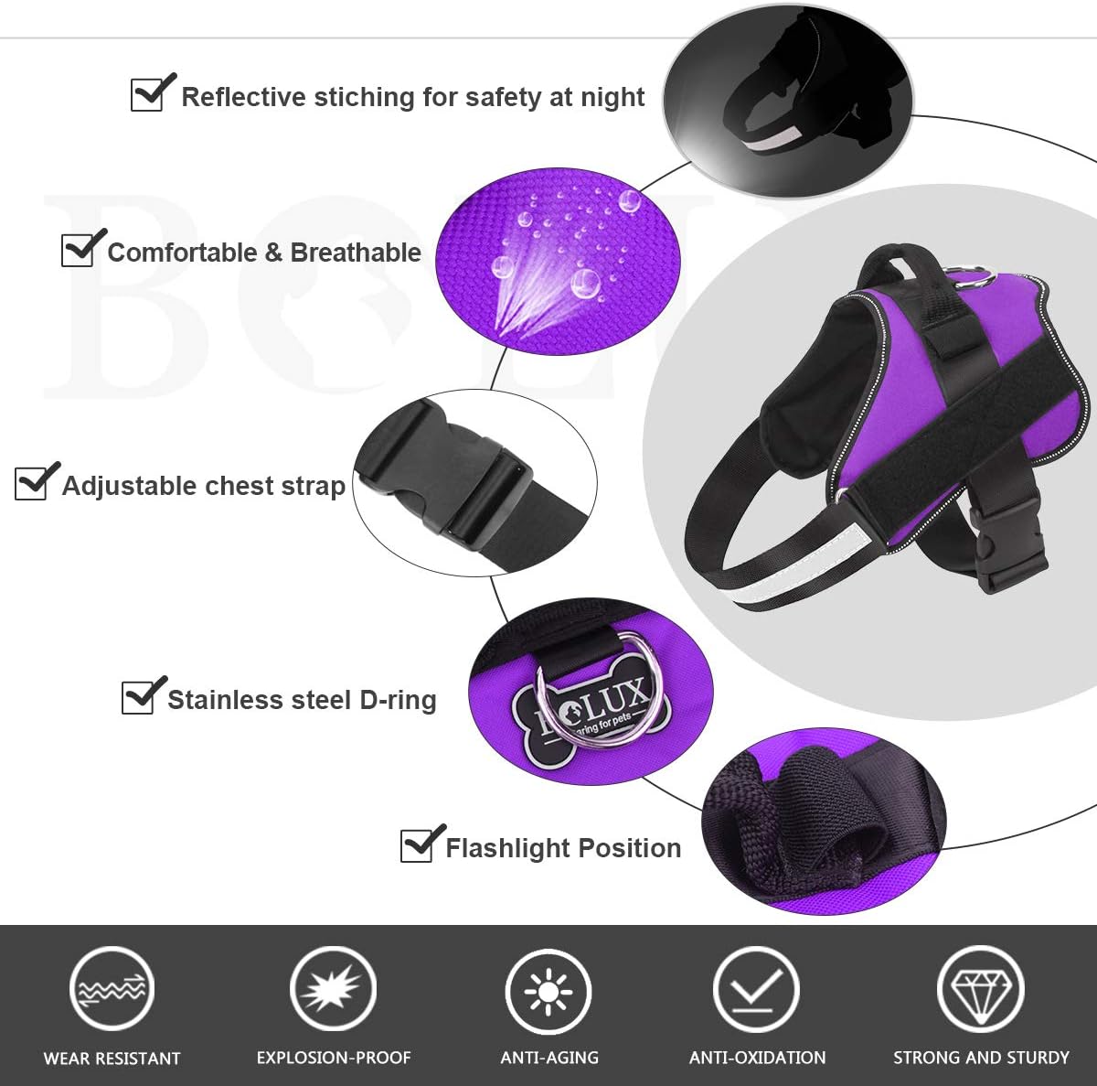 Bolux Dog Harness, No-Pull Reflective Dog Vest, Breathable Adjustable Pet Harness with Handle for Outdoor Walking - No More Pulling, Tugging or Choking (Purple, L)