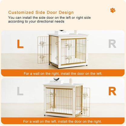 DWANTON Dog Crate Furniture with Cushion, Wooden Kennel Table with Double Doors, Indoor Dog House, Small/Medium/Large Size, 27.2" L, White