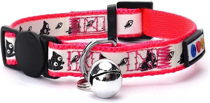 Pawtitas Pet Glow In The Dark Cat Collar with Safety Buckle and Bell Pink Lucky
